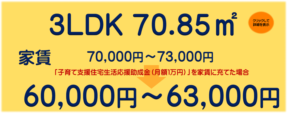 3LDK70.85平方メートル家賃70,000~73,000円耐震性耐火性遮音性断熱性に優れたRC造鉄筋コンクリート構造
