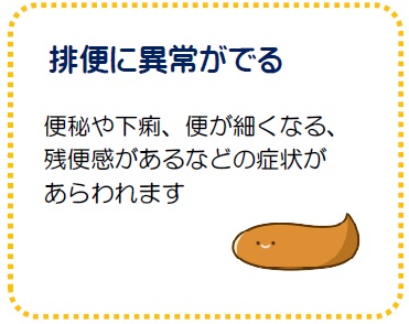 排便に異常がでる 便秘や下痢、便が細くなる、残便感があるなどの症状があらわれます